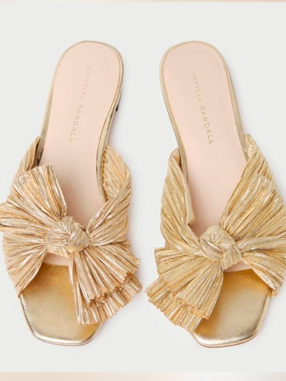 Loeffler Randall Metallic Gold Knot Bow Slide Sandals - Picture 1 of 4